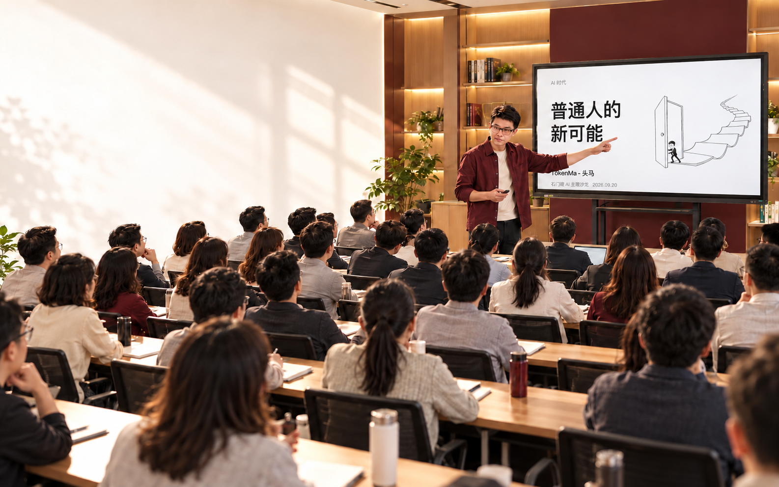 AI教学场景示意:讲师面对多排听众,电子屏展示原课件普通人的新可能标题与开门阶梯插画